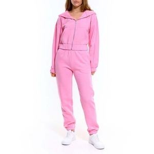 Women <b>Pink</b> Hooded <b>Tracksuit</b> 2-Piece <b>Set</b> Full Sleeve Zipper Closure Solid Color Casual Sweatshirt Pants Breathable Spring Wear - Product Image 1