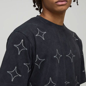 Camiseta de hombre personalizada con efecto lavado en spray, estilo retro, corte holgado, cuello redondo, con purpurina y adornos de pedrería, de manga corta para verano - Product Image 6