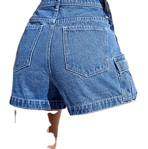 Shorts cargo en jean taille haute pour femme, détails de poches tendance, pantalon court en coton, bas décontracté d'été - Product Image 3
