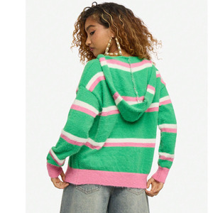 Women’s Striped Hooded <b>Cardigan</b> <b>Sweater</b> Custom Knit Button Front Oversized Casual Fashion <b>Sweater</b> OEM ODM Manufacturer - Product Image 2