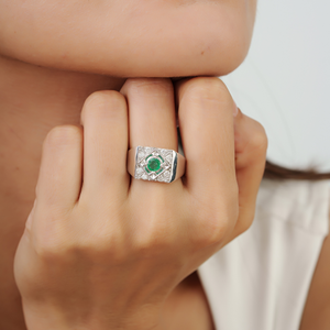 High Quality Classic 925 Sterling <b>Silver</b> Geometric Signet Style Natural Round <b>Emerald</b> Gemstone Fine <b>Ring</b> Jewelry Unisex - Product Image 4