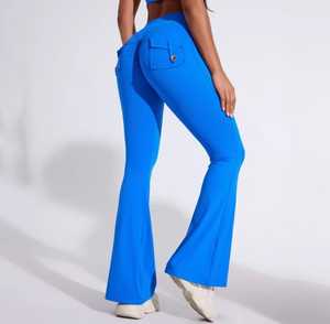High Waist <b>Flared</b> <b>Leggings</b> Full Length Solid Blue Knitted Stretch Fabric With Pockets All Seasons Women's Style - Product Image 4