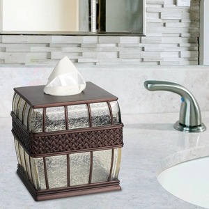 Glam Metal Tissue Box Cover With <b>Mirrored</b> <b>Panels</b> And Woven Design Free Standing Decorative Organizer For Bathroom Or Bedroom - Product Image 5