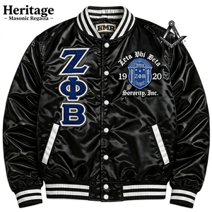 Zeta Phi Beta Embroidered Snap Buttons Front Satin Breathable Autumn Varsity Jacket in Black Color - Product Image 1