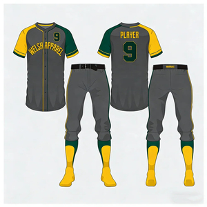 Welsh Apparel Herren-Baseball-Uniform-Set Grau Gelb Grün Tackle-Twill Wärmeübertragungsdruck Schnelltrocknend 3D-Muster Trikot und Hose - Product Image 1