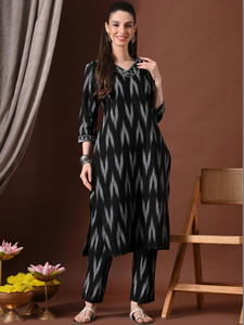<b>Women</b> Black Gray Digital Print Cotton <b>Kurta</b> Set Regular Fit Knee-Length Traditional Casual India Pakistan All Seasons Quick Dry - Product Image 1