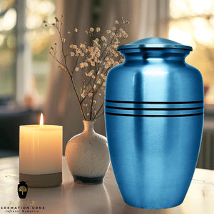 Urne funéraire en métal bleu mat pour cendres humaines |   Urne funéraire moderne pour adultes, bandes noires, écologique, personnalisable |   220 Cubic - Product Image 3