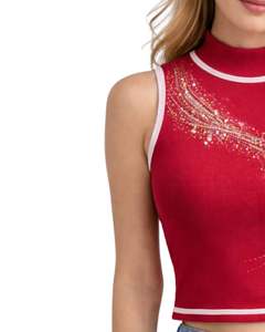 Camiseta sin mangas personalizada para mujer, roja, con cuello alto acanalado y diseño de ondas con pedrería, para verano, fabricante personalizado - Product Image 2