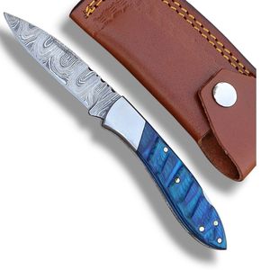 Couteaux pliants en acier de Damas avec étui en cuir, couteaux de poche portables EDC pour la chasse, le camping, la randonnée, la survie, les activités de plein air - Product Image 5