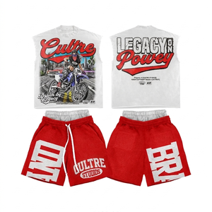 Premium 260 GSM cotton sleeveless graphic short set vintage washed grey custom screen print Sleeveless shirt and Shorts Set - Product Image 3