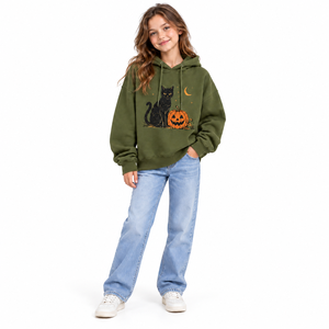 Sweat-shirt à capuche en polaire vert olive pour filles, imprimé chat noir, citrouille et lune, pour Halloween, avec logo personnalisé, décontracté pour enfants - Product Image 1