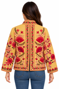 Veste en coton tricoté artisanale brodée de fleurs de lavande, col montant, poche latérale, faite à la main, style bohème, bomber - Product Image 6
