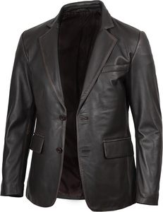 Blazer en cuir véritable noir pour homme, col rabattu, simple boutonnage, style décontracté chic, coupe classique, idéal pour l'automne - Product Image 3
