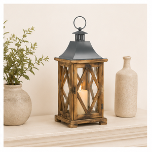 Farol de Madera Hecho a Mano con Patrón de Rejilla de Diamantes y Tapa de Metal, Farol Decorativo Vintage para Decoración de Jardín - Product Image 4