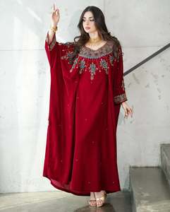 Elegant Red Embroidered Polyester Plus Size Floor Length Abaya Women Long Sleeve Solid Wedding Party Wear India Pakistan Style - Product Image 6