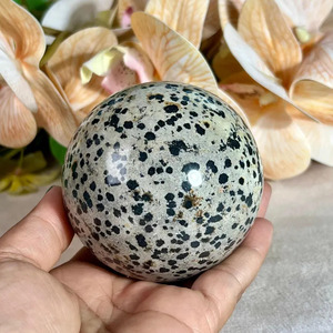 Sphère en Jaspe Dalmatien Poli et Gravé, Boule de Cristal Naturel, Image en Cristal, Décoration d'Intérieur, Feng Shui, Pièce d'Art de Collection - Product Image 1