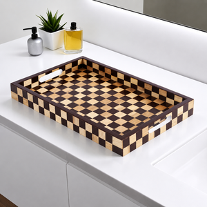 Bandeja Rectangular de Madera para Servir, Diseño Moderno con Patrón de Tablero de Ajedrez, Duradera, Hecha a Mano, Ecológica - Product Image 1