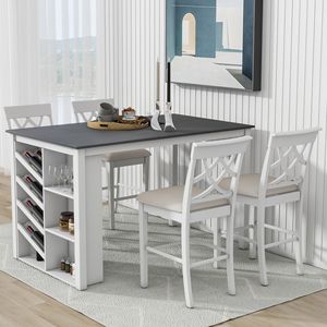 Set da Pranzo Aggiornato in Legno Massello da 5 Pezzi, Tavolo Alto 150x90 cm con Portabottiglie Curvo e 4 Sedie Imbottite - Product Image 1