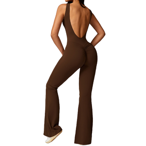 Combinaison pour femme dos nu, col carré, taille haute, jambes évasées, sans couture, couleur unie, en Spandex et Polyester, 1 pièce, ensemble de yoga longueur intégrale - Product Image 2