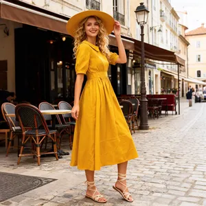 Robe midi en coton style bohème chic jaune moutarde avec manches courtes bouffantes et col classique, idéale pour l'été - Product Image 1