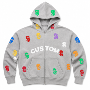 Sudadera con capucha gris personalizada con cremallera, múltiples logotipos, estampado 3D en relieve, parche con letras, cremallera, estilo oversize, streetwear para hombre, moda casual Y2K - Product Image 2