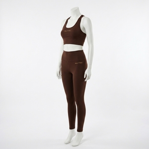 Conjunto Deportivo para Mujer, Top Deportivo Marrón con Espalda Cruzada y Leggings de Cintura Alta, para Yoga, Gimnasio, Fitness y Entrenamiento - Product Image 4