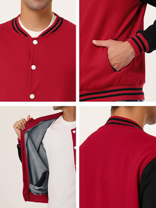 เสื้อแจ็คเก็ตวาร์ซิตี้สีแดงดำสำหรับผู้ชาย ทรงปกติ ติดกระดุมด้านหน้า สวมใส่สบายๆ ในฤดูใบไม้ร่วง ปกเสื้อพับได้ ทำจากผ้าฟลีซ - Product Image 6