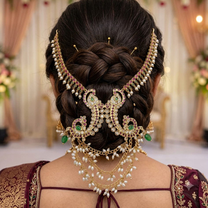 Épingle à cheveux de mariée ethnique indienne traditionnelle, en alliage de zinc, ornée de pierres Pota, de perles et de bijoux paon, pour couvrir le chignon de mariage - Product Image 1