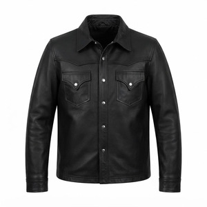 Custom <b>Men's</b> Genuine Lambskin Leather <b>Shirt</b> Jacket <b>Western</b> Style Snap Button Shacket Black Trucker Leather for <b>Men</b> - Product Image 1