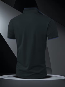 Men's Black Polyester Polo Shirt Short Sleeve Breathable Knitted Solid Color Front Logo Casual Design - Product Image 2