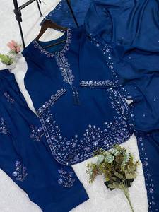 Conjunto de Salwar Kameez Tradicional Pakistaní para Mujer, en Oferta, Bordado, de Algodón y Seda, Color Azul Medianoche, de Lujo, para Fiesta - Product Image 3