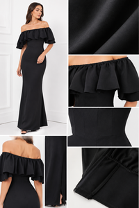Robe d'été pour femmes très vendue - Robe maxi chic noire à épaules dénudées et volants pour un usage quotidien décontracté et des tenues de soirée - Product Image 3