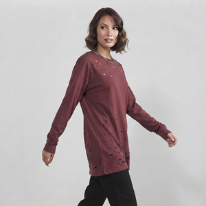 T-shirt à manches longues pour femme, style grunge vieilli, délavé à l'acide, coupe oversize, épaules tombantes, streetwear décontracté - Product Image 5