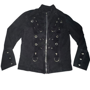 Veste en jean noir délavé pour femme, style gothique emo, punk rock, avec œillets métalliques et boucles, style uniforme - Product Image 3