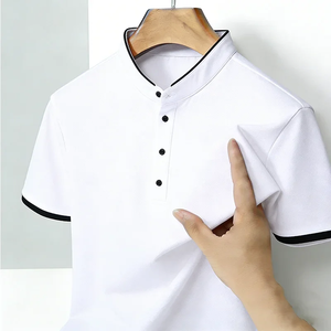 Camisetas de Verano Cómodas para Hombre, Cuello Mao, Manga Corta, Corte Regular, Ribete en Contraste, Ropa Casual de Oficina, Poliéster/Algodón - Product Image 6