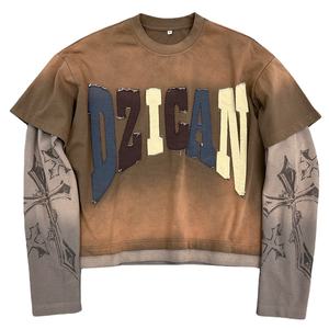Camiseta de Manga Larga de Doble Capa para Hombre, Estilo Urbano Holgado, Cuello Redondo, Diseño con Apliques, 100% Algodón Tejido - Product Image 6