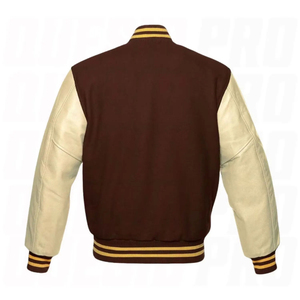 Blouson bomber varsity marron et crème pour homme, avec corps en mélange de laine, manches en cuir contrastant, boutons-pression et bordures côtelées rayées. - Product Image 5