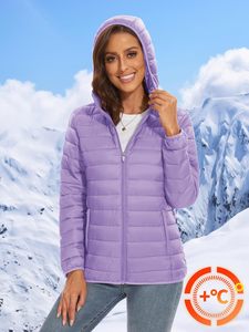 Abrigo Acolchado Impermeable con Capucha Morado para Mujer, Manga Larga, Cierre de Cremallera, Ropa de Invierno Informal, Color Sólido, Cálido - Product Image 3