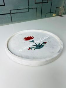Assiette décorative ronde en marbre avec incrustation de fleurs rouges, design chinois traditionnel, vaisselle artistique faite à la main - Product Image 3