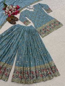 Robe de soirée en soie Chinnon bleue brodée, longueur cheville, avec dupatta, tenue ethnique pour mariage et Diwali - Product Image 6