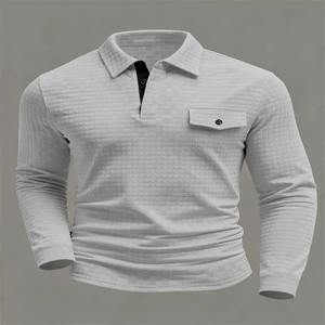 Nouveau Polo Homme 2026 à Manches Longues Couleur Unie avec Motif à Carreaux et Col Henley - Product Image 4