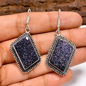 Boucles d'oreilles pendantes en pierre de grès bleue en forme de losange, faites à la main, en argent sterling, bijoux bohèmes en pierres précieuses, cadeau pour femme - Product Image 6