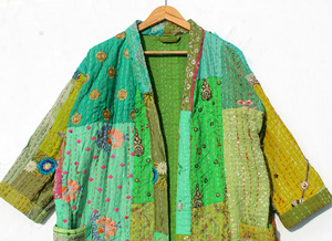 Bata de dormir informal de longitud completa para mujer, verde, con patchwork, manga corta, bordado a mano, de algodón y fibra de bambú - Product Image 3