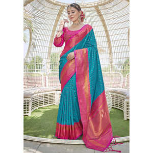 ผ้าไหมพายทานีสีน้ำเงิน 1000 บุตติ ซารี ผ้าทอประดับด้วยด้ายซารี  ชุดราตรีหรูหรา - Product Image 3