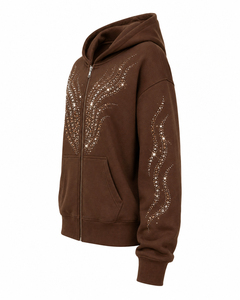 Sweat-shirt décontracté pour femme, respirant, 100 % coton, avec fermeture éclair avant, logo, style streetwear, orné de strass et de cristaux étincelants, manches longues, doux - Product Image 2