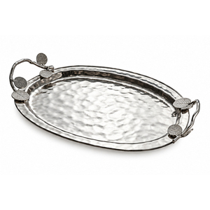 Plateau de service rectangulaire de luxe en acier inoxydable martelé avec poignées en forme de branches florales dorées – Élégante assiette alimentaire en métal pour la vente en gros - Product Image 3