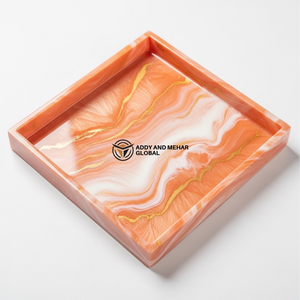 Plateau en résine marbrée pêche fait main – Plateau rond brillant pour vanité et présentation avec détails dorés - Product Image 6