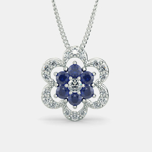 Collier pendentif en or blanc saphir avec halo floral et diamant de laboratoire - Product Image 1