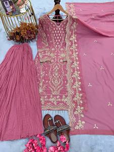 Pink Embroidered Faux Georgette Salwar Kameez Suit Net Dupatta Pleated Pants Formal Indian Wedding Graduation Diwali Party - Product Image 4
