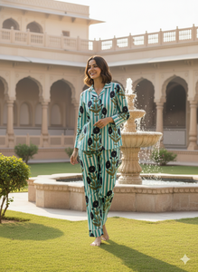 Conjunto de Pijama de Manga Larga con Cuello en V, 100% Algodón Suave para Mujer |   Ropa de estar por casa estilo boho, lisa y con estampado a mano |   Bolsa para Ropa de Dormir de Verano - Product Image 6